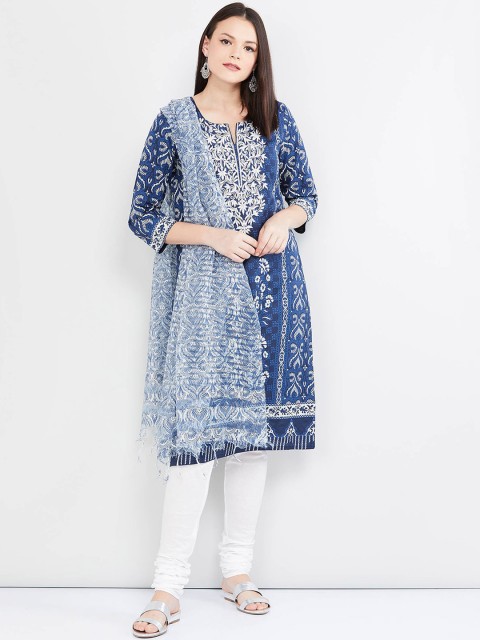 

max Women Blue & White Printed Kurta with Churidar & Dupatta