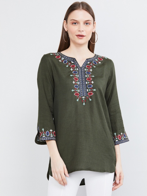 

MAX Women Olive Green Embroidered Tunic