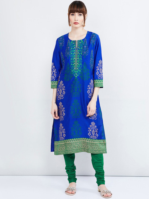 

max Women Blue & Green Embroidered Kurta with Churidar & Dupatta
