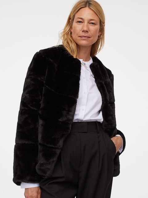

H&M Women Black Solid Faux Fur Jacket