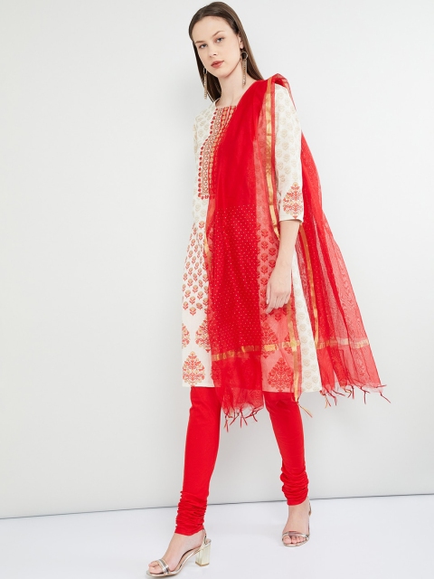

max Women Off-White & Red Printed Kurta with Churidar & Dupatta