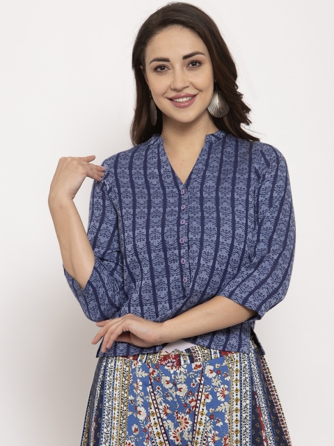 Ayaany Women Blue Printed Crop Pure Cotton Top