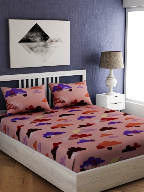 

EverHOME Pink & Blue Conversational 144 TC Cotton 1 Queen Bedsheet with 2 Pillow Covers