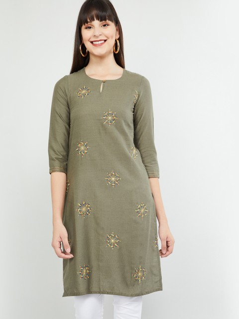 

max Women Olive Green & Yellow Embroidered Straight Kurta