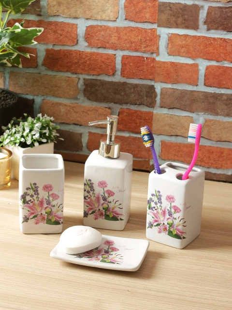 

House Of Accessories 4 Pieces White Printed Ceramic Bath Accessories Set