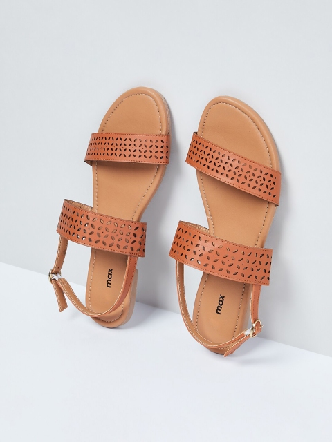 

max Women Tan Brown Textured Open Toe Flats