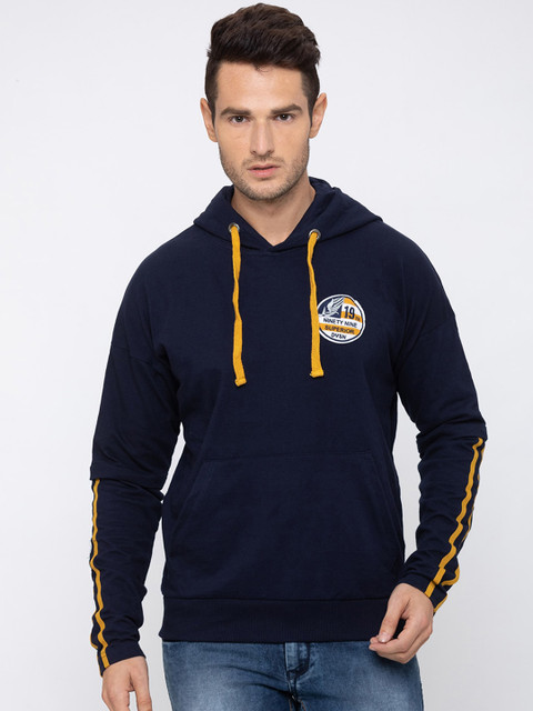 

Globus Men Navy Blue Solid Hooded Sweatshirt