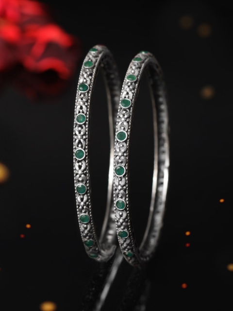 

Rubans Set of 2 Silver-Plated Handcrafted Oxidised Faux Ruby Bangle
