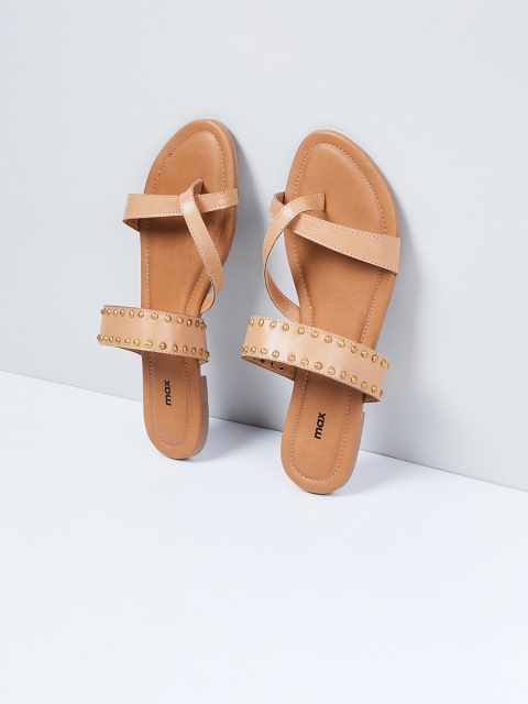 max Women Beige Solid PU Open Toe Flats
