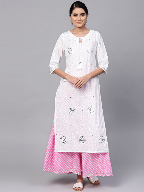 

Ishin Women White & Pink Printed Kurta with Palazzos