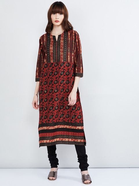 

max Women Maroon & Black Printed Kurta with Churidar & Dupatta