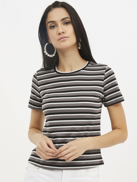 

Harpa Women Grey Striped Round Neck T-shirt