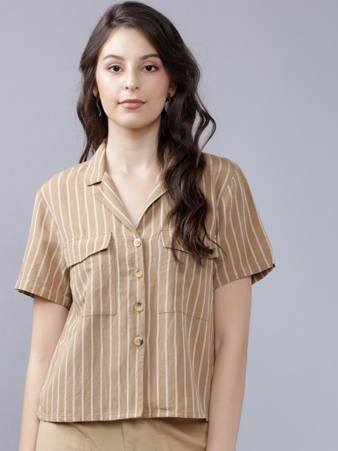 

Tokyo Talkies Women Khaki & Off-White Regular Fit Striped Casual Shirt