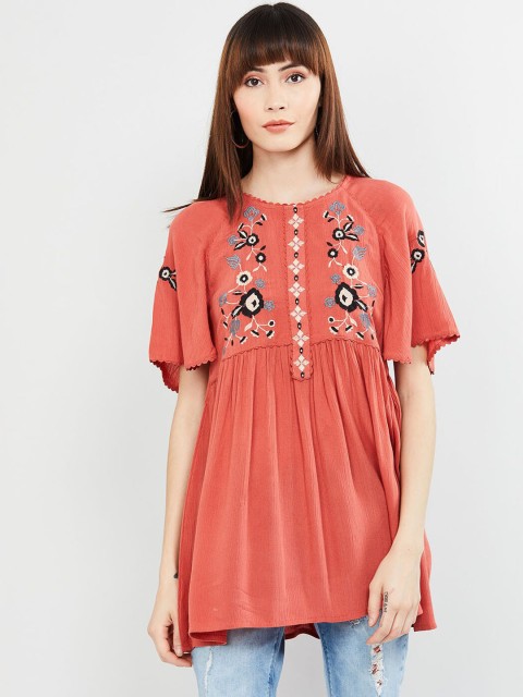 

max Women Rust Orange & Black Embroidered A-Line Top