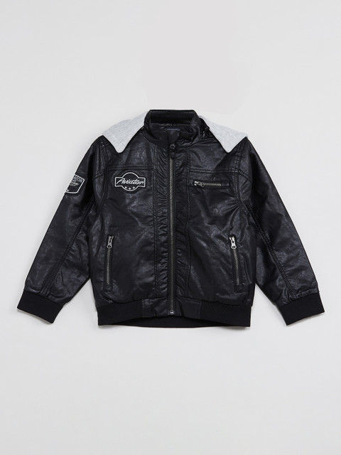 

max Boys Black Solid Biker Jacket