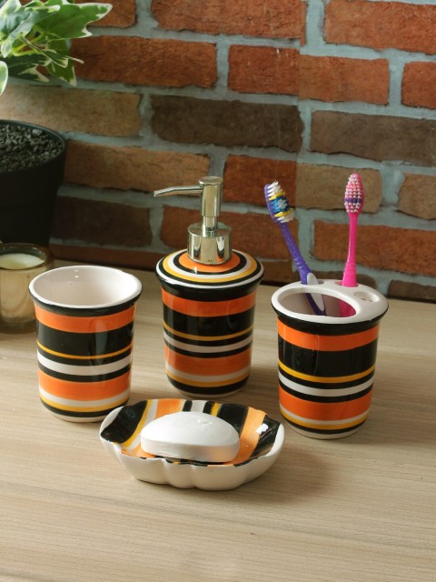 

House Of Accessories Orange & Black Striped Bath Set, Multi