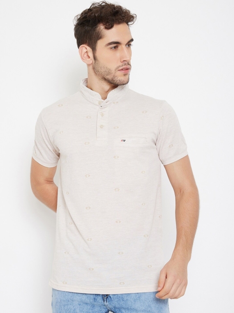 

NEVA Men Off-White Self Design Mandarin Collar T-shirt