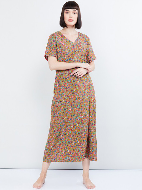 

max Women Olive Green & Red Printed Nightdress