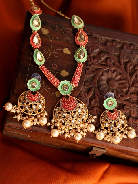 

ANIKAS CREATION Gold-Plated Red & Green Stone-Studded Beaded Enamelled Sustainable Jewellery Set