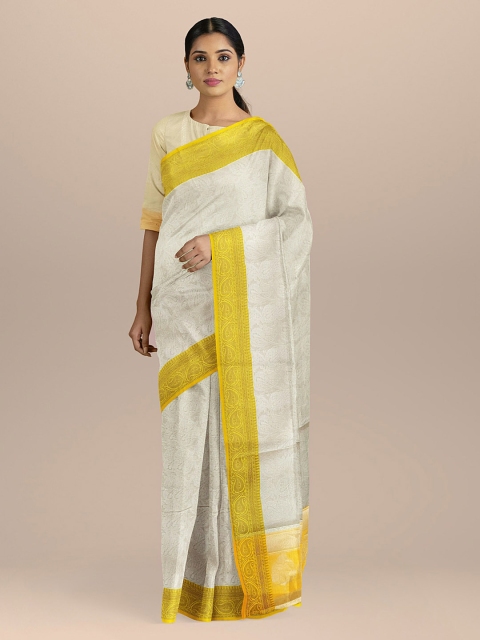 

BharatSthali Silver-Toned & Yellow Silk Cotton Woven Design Saree