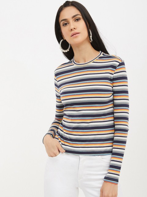 

Harpa Women Navy Blue Striped Round Neck T-shirt