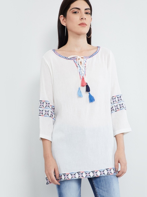 

max Women White Embroidered Straight Kurti