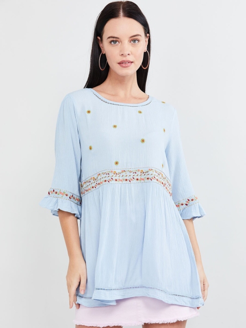 MAX Women Blue Embroidered Bell Sleeves Tunic