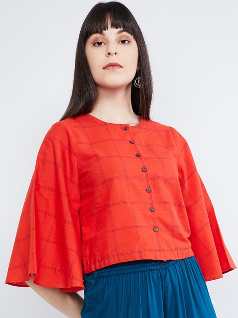 

max Women Coral Red Checked Top