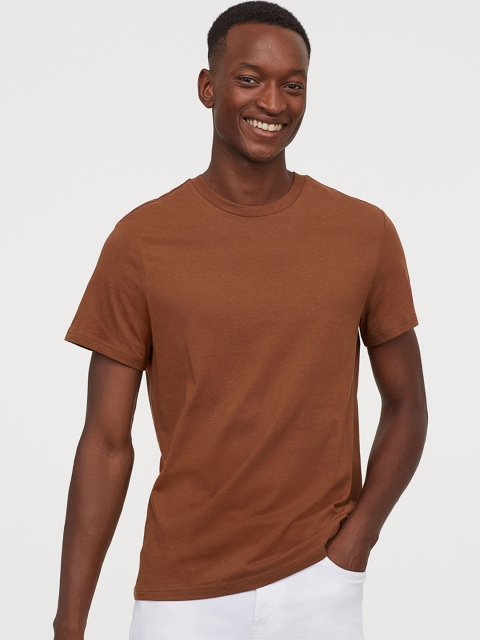 

H&M Men Brown Solid Round-Neck Regular Fit T-shirt