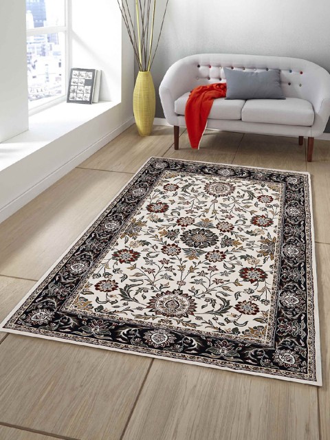 

OBSESSIONS Cream-Coloured & Black Riviera Floral Anti-Skid Sustainable Carpet