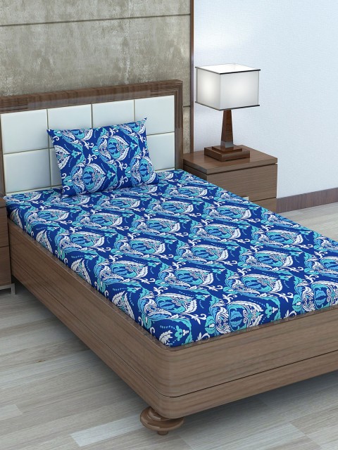 

Divine Casa Blue & White Ethnic Motifs 180 TC Cotton 1 Single Bedsheet with 1 Pillow Covers