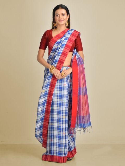 

Mitera Blue & Red Pure Linen Checked Saree