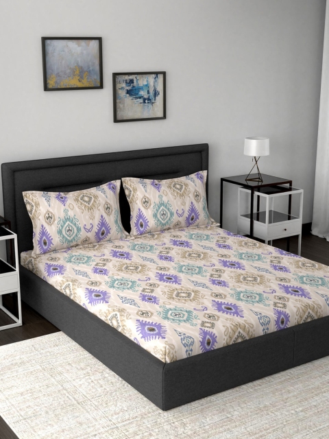 

MASPAR Cream-Coloured & Blue Floral 200 TC Cotton 1 King Bedsheet with 2 Pillow Covers