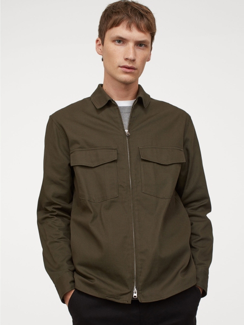 

H&M Men Olive Green Cotton Twill Shacket