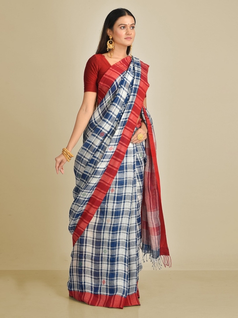 

Mitera Blue & Off-White Pure Linen Checked Saree