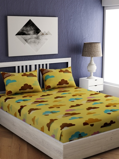 

EverHOME Yellow Abstract 144 TC Cotton 1 Queen Bedsheet with 2 Pillow Covers