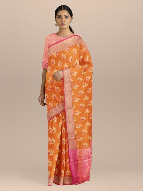 

BharatSthali Orange & Gold-Coloured Silk Cotton Woven Design Banarasi Sustainable Saree