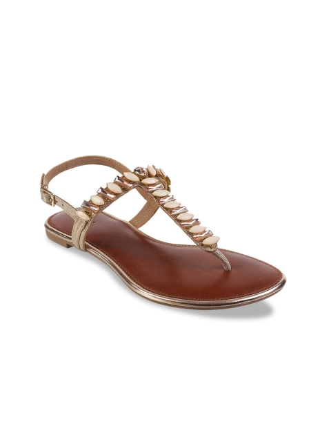 

Mochi Women Gold-Toned Embellished T-Strap Flats
