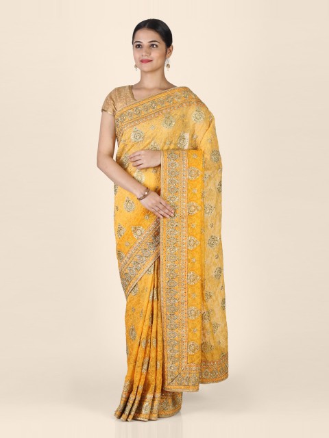 

Hastakala Yellow Embellished Tissue Saree
