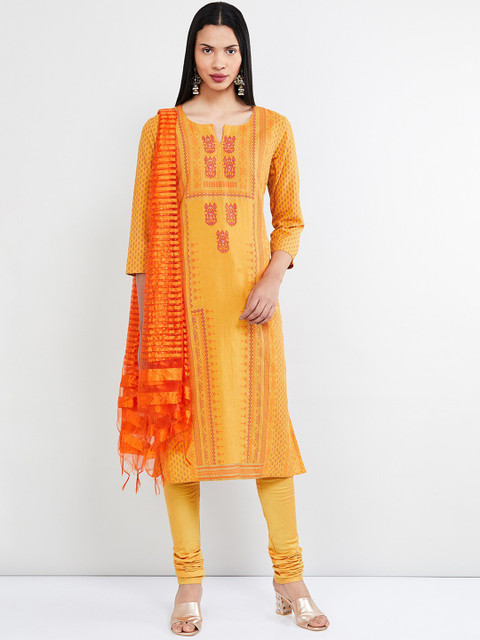 

max Women Yellow & Orange Printed Kurta with Churidar & Dupatta