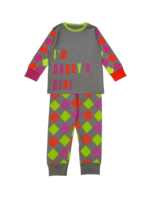 

ventra Girls Grey & Pink Geometric Print Pure Cotton Night Suit