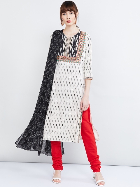 max Women Off-White & Red Printed Kurta with Churidar & Dupatta