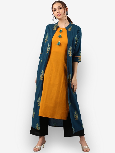 

Janasya Women Yellow & Blue Printed A-Line Kurta