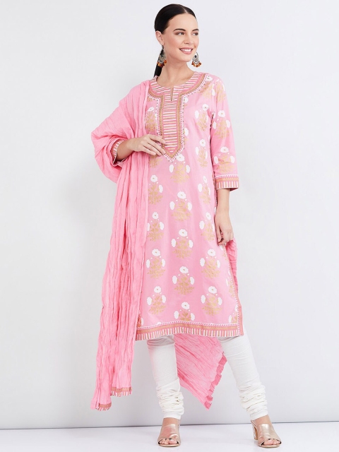

max Women Pink & White Printed Kurta with Churidar & Dupatta