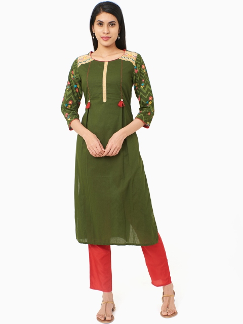 

IMARA Women Green & Pink Solid A-Line Kurta