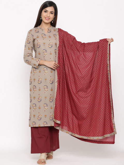 

kipek Women Grey & Maroon Woven Design Kurta with Palazzos & Dupatta