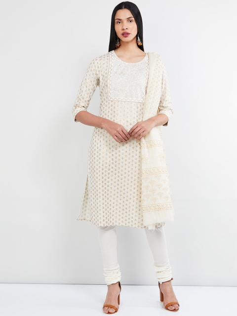 max Women Off-White Printed Kurta with Churidar & Dupatta