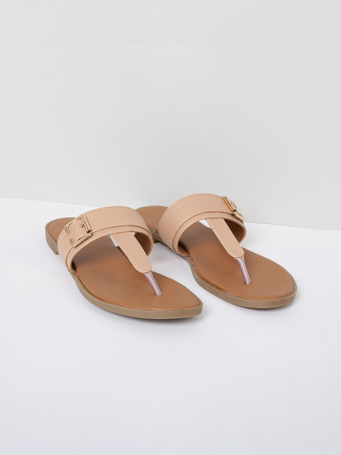 

max Women Brown Solid PU T-Strap Flats