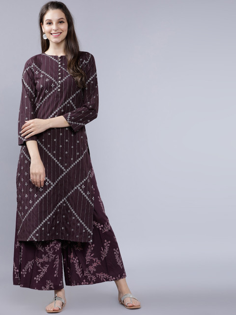

Vishudh Women Purple & White Printed Kurta with Palazzos