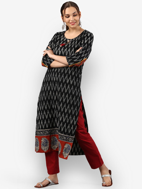 

Janasya Women Black & Red Ikat Printed Straight Kurta